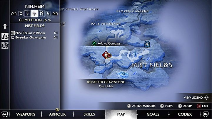 The Berserker Gravestone is to the west of the Mystic Gateway - God of War Ragnarok: Mist Fields, Niflheim - secrets, collectibles - Niflheim - God of War Ragnarok Guide