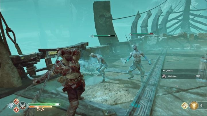 This next part is a very long sequence during which you have to escape and face enemies on the deck all at the same time - God of War: Escape from Helheim - Walkthrough - Walkthrough - God of War Guide