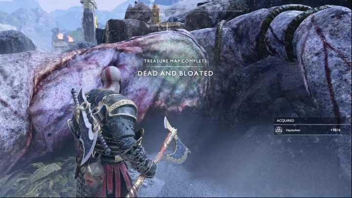 Treasure digging spot: Cliffs of the Raven - the treasure is near the Trolls corpse - God of War: Treasure Maps - list of all, tips - Side quests and challenges - God of War Guide