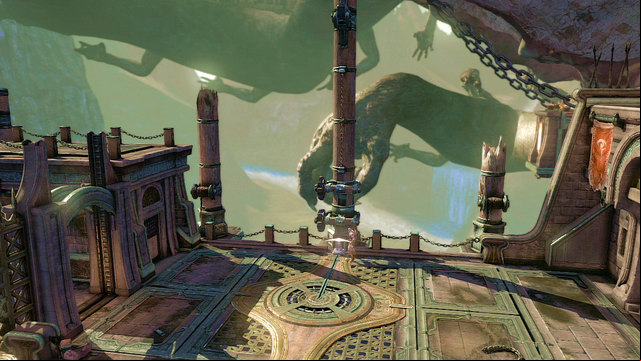 Youll find yourself in the middle of arena with lever marked with white arc above and sword stick in the ground - Fight with the Cyclope - Chapter 3: The Guard House - God of War: Ascension - Game Guide and Walkthrough