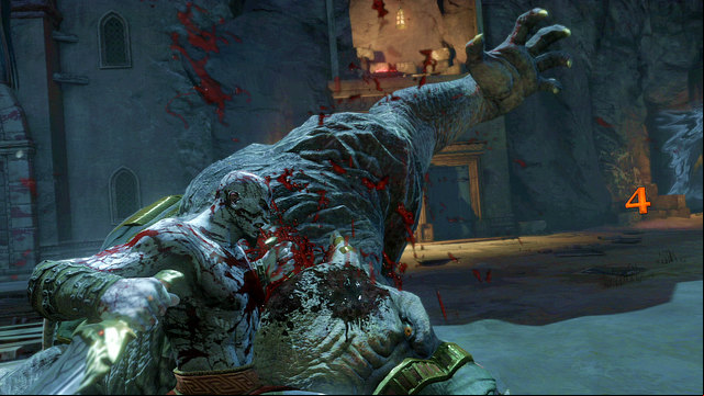 Stunning the elephant lets you mount him for a while (white arc) or finish him (red arc) - The beginning of the village - Chapter 5: The Village of Kirra - God of War: Ascension - Game Guide and Walkthrough