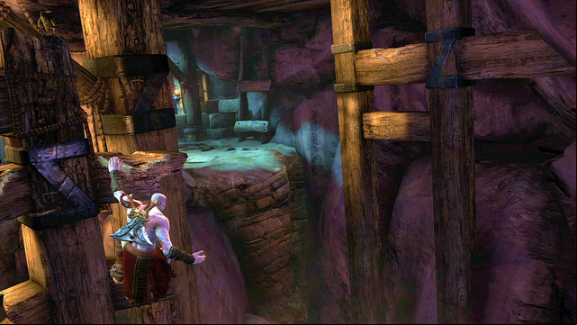 To jump over an abyss, jump onto beams on the left and go right and down - The beginning of the village - Chapter 5: The Village of Kirra - God of War: Ascension - Game Guide and Walkthrough