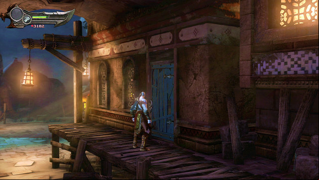Running forward stick to the right, go out at a wooden porch and destroy door in the building on right - The beginning of the village - Chapter 5: The Village of Kirra - God of War: Ascension - Game Guide and Walkthrough