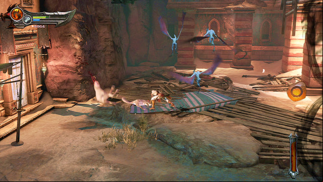 Further road goes through a hut in left - Broken bridge, Roller-Riddle and Medusa - Chapter 5: The Village of Kirra - God of War: Ascension - Game Guide and Walkthrough