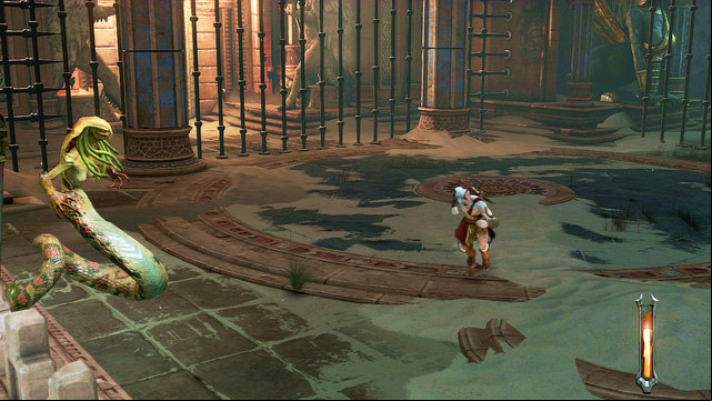 Medusa cant be knocked up into air so you have to fight her like an elephant and cyclope - Broken bridge, Roller-Riddle and Medusa - Chapter 5: The Village of Kirra - God of War: Ascension - Game Guide and Walkthrough