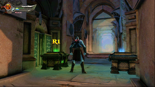 After that go through gate and enter the building - Broken bridge, Roller-Riddle and Medusa - Chapter 5: The Village of Kirra - God of War: Ascension - Game Guide and Walkthrough