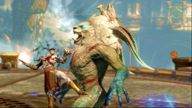 In the second phase, it stands on two legs and begins attack with hands and cones of ice - Chimera fight - Chapter 7: The Tower of Delphi - God of War: Ascension - Game Guide and Walkthrough