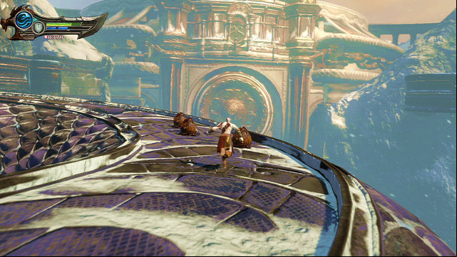 Being again on a violet snake, destroy hatcheries, jump inside him and at the end of the slide jump and grab - Walkthrough - Chapter 8: The Pythons Belly - God of War: Ascension - Game Guide and Walkthrough