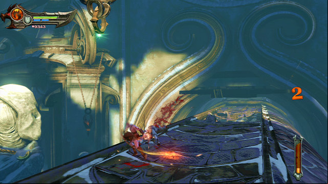 The first phase ends when the snake starts getting into a narrow tunnel, with a green glowing point on the left - Violet Python Ride - Chapter 9: Ice Caverns - God of War: Ascension - Game Guide and Walkthrough
