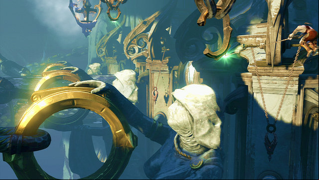 Ignore remaining enemies, jump left and catch a round ring of chain - Violet Python Ride - Chapter 9: Ice Caverns - God of War: Ascension - Game Guide and Walkthrough