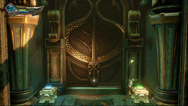 In the temples vestibule use chests to replenish mana and health and enter the hall through the huge door - Fight with Cerberus - Chapter 10: The Temple of Delphi - God of War: Ascension - Game Guide and Walkthrough