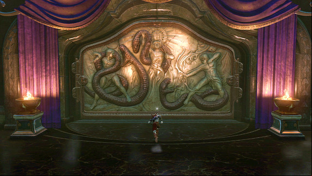 At the top of the stairs you find: locked door on right, a fountain with green gas on left and a relief in front of you - Fight with Cerberus - Chapter 10: The Temple of Delphi - God of War: Ascension - Game Guide and Walkthrough
