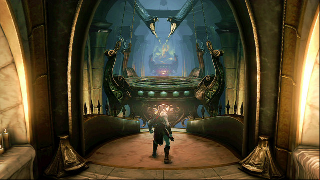 Moving forward, you get onto a balcony and in front of a corridor with spikes in the floor and two chandeliers - Soul of Hades - Chapter 11: Delphi Catacombs - God of War: Ascension - Game Guide and Walkthrough