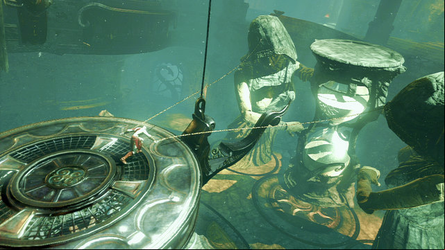 Return to the main hall and push the statue to the Hourglass, so you can jump onto a chandelier when it falls - White Hourglass - Chapter 11: Delphi Catacombs - God of War: Ascension - Game Guide and Walkthrough