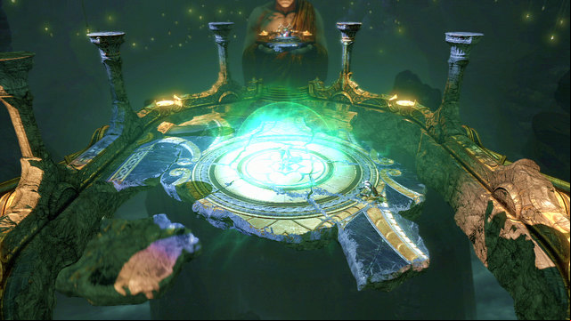 When you make him angry enough, hell make a barrier around him and start destroying the environment - Walkthrough - Chapter 12: The Oracles Chamber - God of War: Ascension - Game Guide and Walkthrough