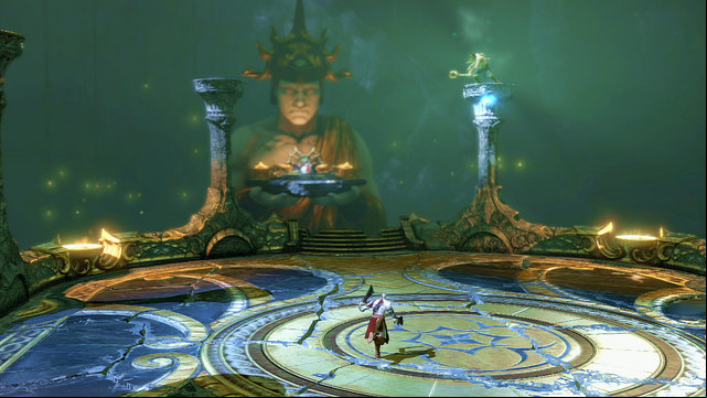 When you make the boss angry again, he rebuilds columns and start firing at you with the decay blasts - Walkthrough - Chapter 12: The Oracles Chamber - God of War: Ascension - Game Guide and Walkthrough