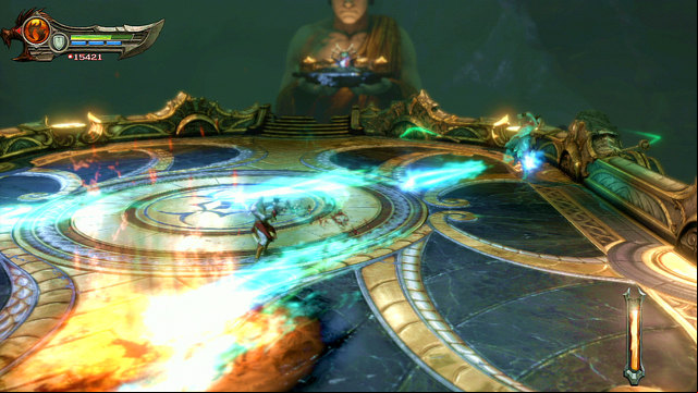 Block and avoid his distance attacks to get closer - Walkthrough - Chapter 12: The Oracles Chamber - God of War: Ascension - Game Guide and Walkthrough