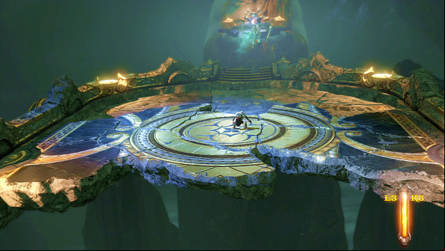 When Castor starts destroying the ground, approach the center of the arena and block his missiles - Walkthrough - Chapter 12: The Oracles Chamber - God of War: Ascension - Game Guide and Walkthrough