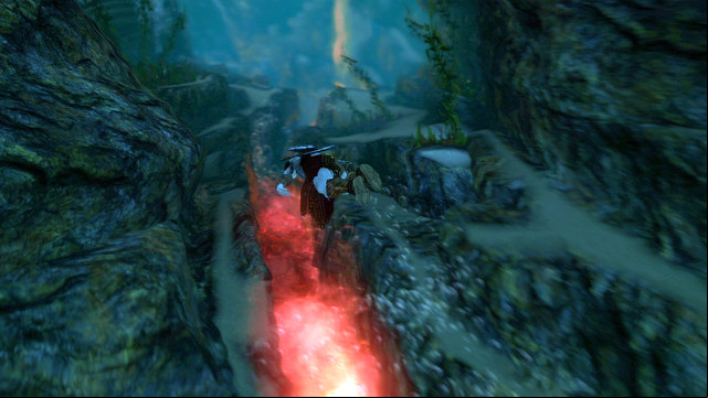 Jump to the water, return a bit and follow the red gleam - Walkthrough - Chapter 15: The Grotto - God of War: Ascension - Game Guide and Walkthrough