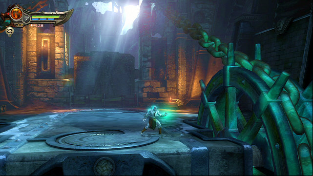 After a fight, move to the edge at which you emerged and use an Amulet onto two wheels holding a stone block - Walkthrough - Chapter 15: The Grotto - God of War: Ascension - Game Guide and Walkthrough