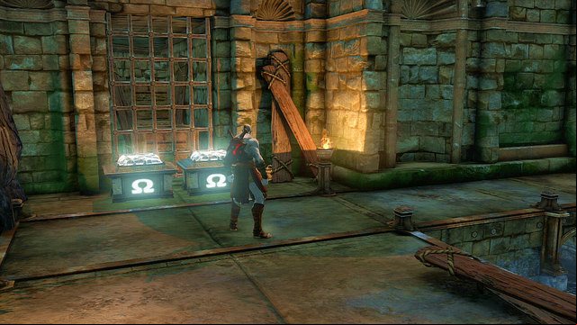 At the end of this path you find two white chests with Gorgon Eye and Phoenix Feather - Walkthrough - Chapter 15: The Grotto - God of War: Ascension - Game Guide and Walkthrough