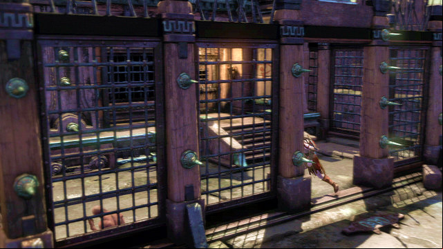 Then go right and turn left to a building surrounded with grills - Walkthrough - Chapter 16: Prison of the Damned (pt. 2) - God of War: Ascension - Game Guide and Walkthrough