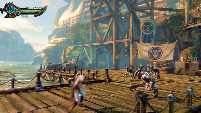 Run to the island to find a group of armored Satyrs - Path to the statue - Chapter 18: Delos Landing - God of War: Ascension - Game Guide and Walkthrough