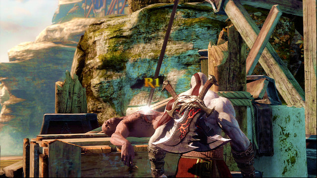 After a fight go left and look at a spear in some mans body - Path to the statue - Chapter 18: Delos Landing - God of War: Ascension - Game Guide and Walkthrough
