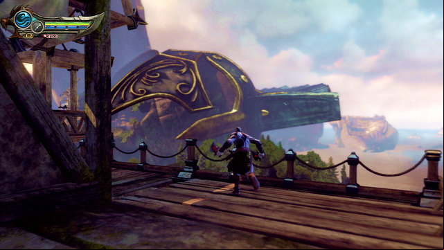 After a fight go forward and left through a wooden bridge - Path to the statue - Chapter 18: Delos Landing - God of War: Ascension - Game Guide and Walkthrough