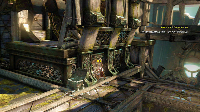 First go right for the red chest and then left for a green one and a mechanism marked with a white flash - Destroyed Head - Chapter 19: The Foot of Apollo - God of War: Ascension - Game Guide and Walkthrough