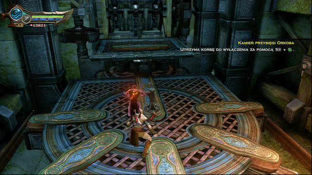 Holding lever, use the Stone of Orkos to copy yourself and block the mechanism - Walkthrough - Chapter 21: The Forearm of Apollo - God of War: Ascension - Game Guide and Walkthrough