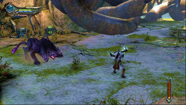 You fall into an arena with Cerberus, ed by the blue warrior woman and demonic hounds - Walkthrough - Chapter 21: The Forearm of Apollo - God of War: Ascension - Game Guide and Walkthrough