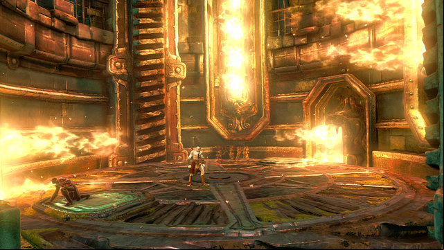 Now go left and enter a round elevator with flames on the walls - Walkthrough - Chapter 21: The Forearm of Apollo - God of War: Ascension - Game Guide and Walkthrough