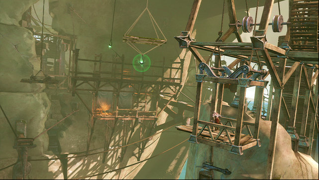 When you get to a hanged elevator, youll see green-glowing hooks - Walkthrough - Chapter 22: The Ribs of Apollo - God of War: Ascension - Game Guide and Walkthrough