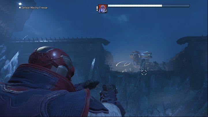 When the boss jumps upstairs, you can ignore him or keep shooting at him - Gotham Knights: Mr. Freeze chapter - walkthrough - Chapter 4 - Gotham Knights Guide, Walkthrough