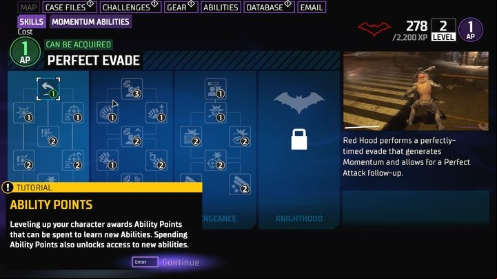 Starting the second mission unlocks new options in the menu - Abilities, Case Files, and Challenges tabs - Gotham Knights: The Langstrom Drive - walkthrough - Chpater 1 - Gotham Knights Guide, Walkthrough