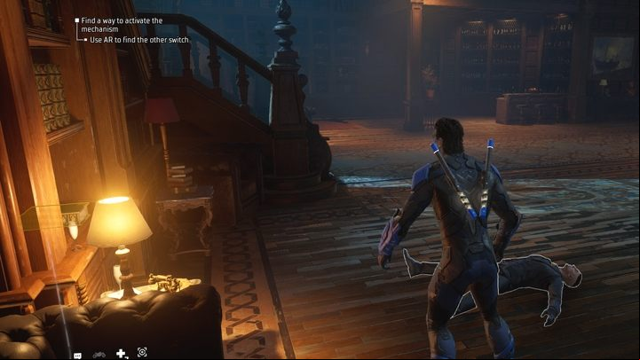 The first mechanism is hidden in the statue on the first floor, while the second one is on the opposite side of the building, on the shelf near the bar - Gotham Knights: The Powers Club - walkthrough - Chapter 2 - Gotham Knights Guide, Walkthrough