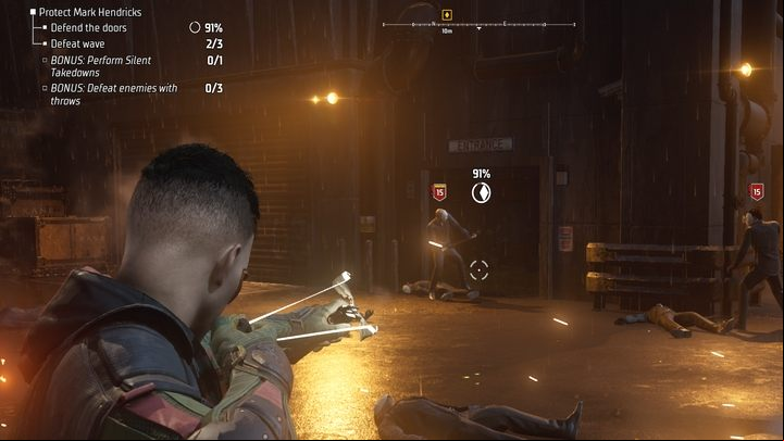After reaching the mission marker, protect Mark Hendricks hidden behind the door by not letting anyone break it - you have to defeat 3 waves of enemies, including Feral Talons - Gotham Knights: The Masquerade - walkthrough - Chapter 3 - Gotham Knights Guide, Walkthrough