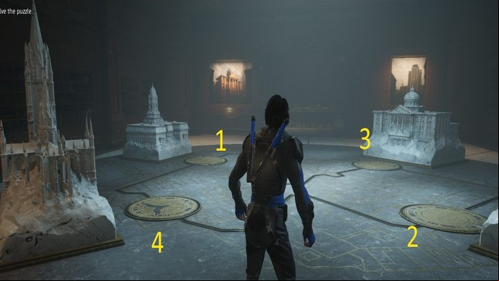 The next room is a simple puzzle: you have to press the golden plates on the floor in the same order as the buildings next to the plates were built - Gotham Knights: The Masquerade - walkthrough - Chapter 3 - Gotham Knights Guide, Walkthrough