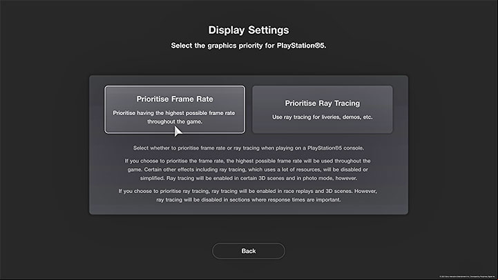 Although Gran Turismo 7 for PlayStation 5 technically has two graphics modes, in practice there's only one: Prioritize Frame Rate - Gran Turismo 7: System requirements and PS5 graphics modes - Annex - Gran Turismo 7 Guide