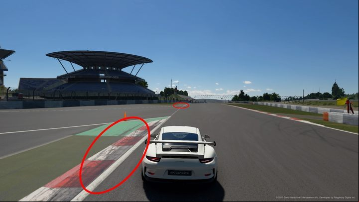 Starting from the initial curve section at the Nurburgring GP, you should not stick to the right side, but go far to the left curb and continue on the green cure beyond the proper track. This is one of the places that determines whether you will achieve a good time. The view of the black traces of the torn tires should also tell you where to drive. - Use the entire track in Gran Turismo Sport - Races - Practical advice - Gran Turismo Sport Game Guide