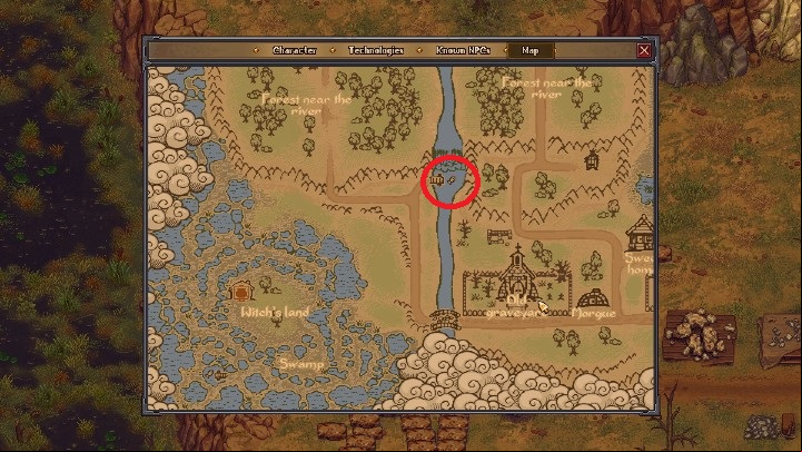 The next place is in the location called Forest near the River - Fishing in Graveyard Keeper - Beginning and development - Graveyard Keeper Game Guide
