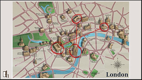 Choose the Map of London in your inventory (5 points) and mark all four points and then (by clicking them) the House of Parliament with the British Museum and the Buckingham Palace with the St - Chapter 6 - p. 3 - Walkthrough - Gray Matter - Game Guide and Walkthrough