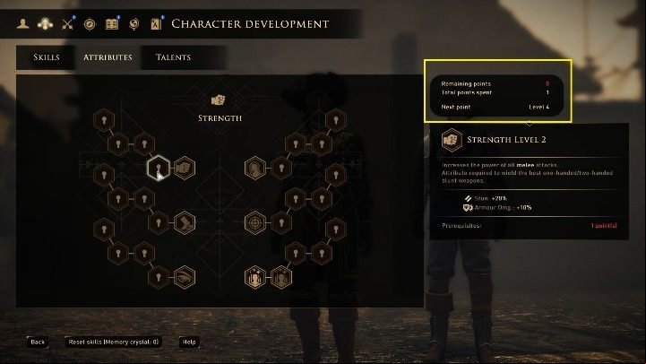 If you enter the skill tree, talents or attributes tree you will see how much you are missing to the next point - GreedFall: Attributes, talents - how to unlock? - FAQ - GreedFall Guide