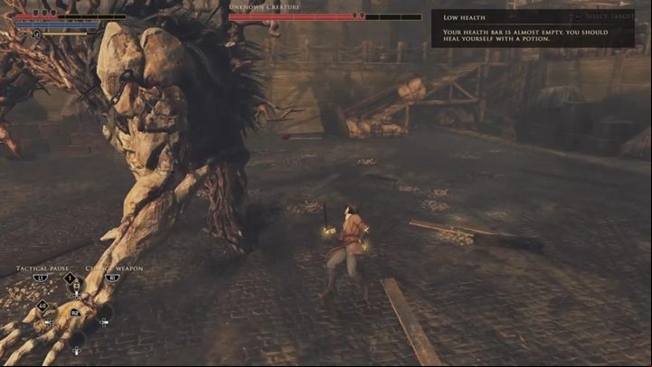 Patiently circle your enemy, dodge and strike him with your sword - GreedFall: The Great Departure - walkthrough - A Cure for Malichor - GreedFall Guide