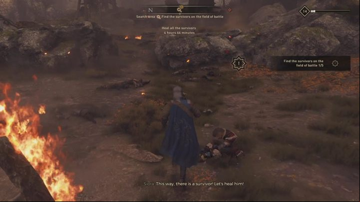 Walk around the battlefield and wait until Siora says that she sees a wounded - GreedFall: The Battle of the Red Spears - walkthrough - A Cure for Malichor - GreedFall Guide