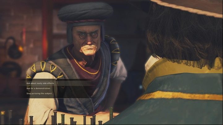 Go to the specified location, and you will meet an alchemist who tries to sell his potion a cure for everything to the crowd - GreedFall: The Charlatan - walkthrough - Before the Departure - GreedFall Guide