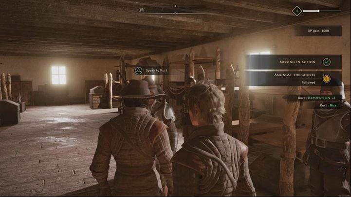 You will complete the quest - you will receive 1000 XP, the relationship with Kurt will improve +3 and you will start another companion quest - Amongst the Ghosts - GreedFall: Missing in action - Kurts quest walkthrough - Kurt - GreedFall Guide