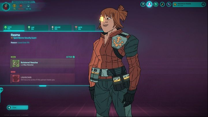 For saving the life of Rasma you got 2 additional points of resolve. - interface in Griftlands - Gameplay - Griftlands Guide