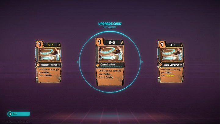 Example of two card evolutions, yellow marked changes that occur in relation to the base card. - interface in Griftlands - Gameplay - Griftlands Guide